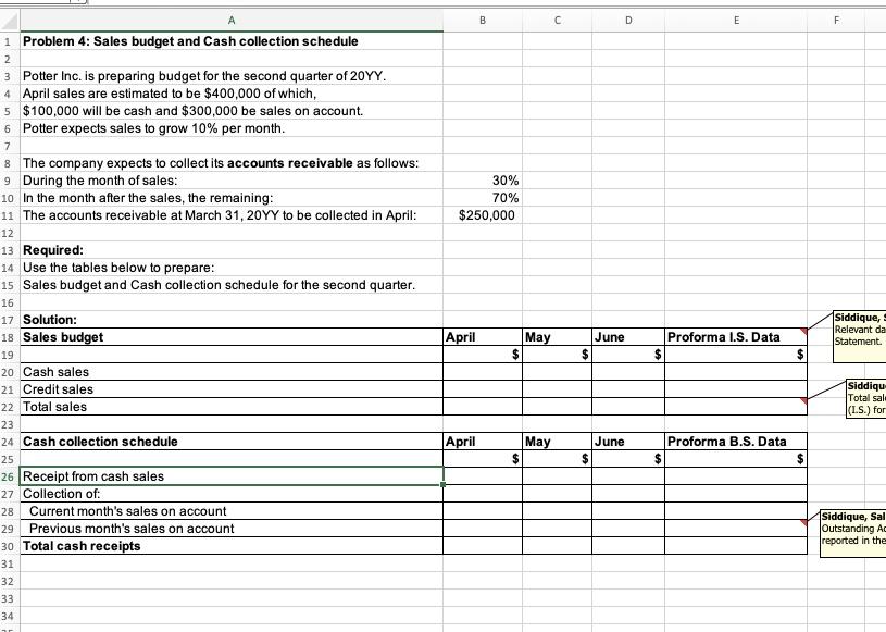 Solved B С D E F 1 Problem 4: Sales budget and Cash | Chegg.com