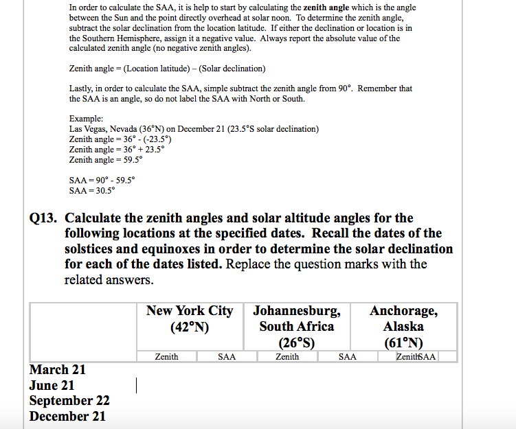 Solved Hello, I need help finding the zenith and solar | Chegg.com