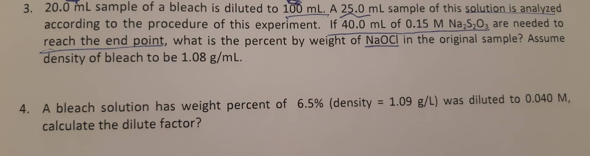 3 0 Ml Sample Of A Bleach Is Diluted To 100 Ml Chegg Com