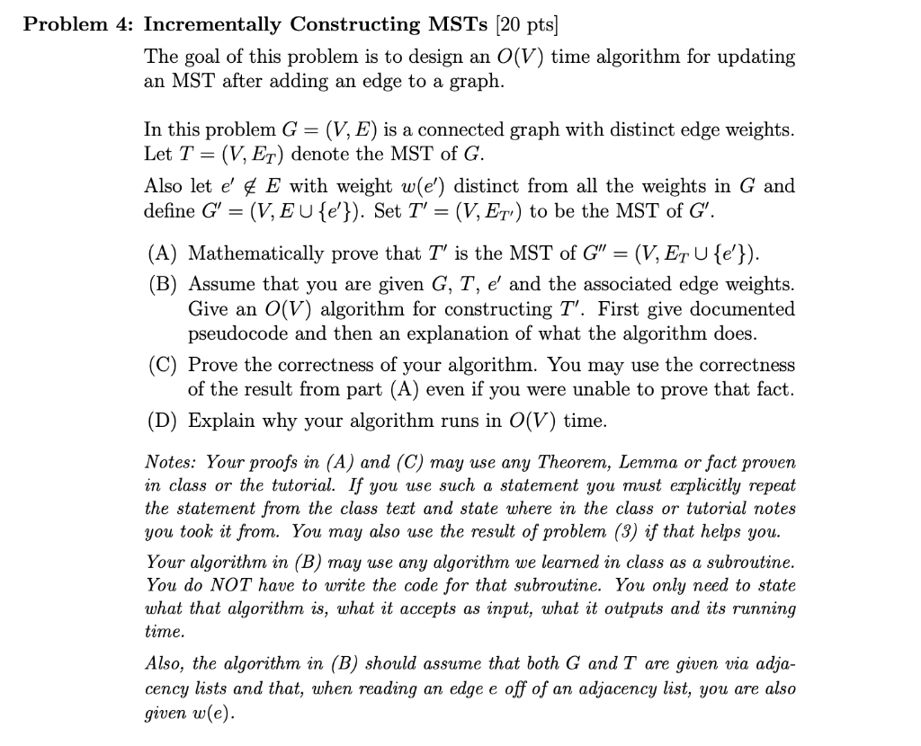 Problem 4: Incrementally Constructing MSTs (20 pts] | Chegg.com