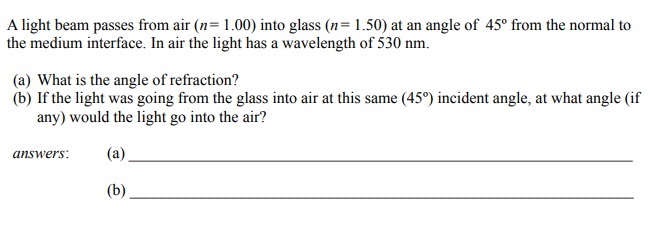 Solved A light beam passes from air (n=1.00) into glass | Chegg.com