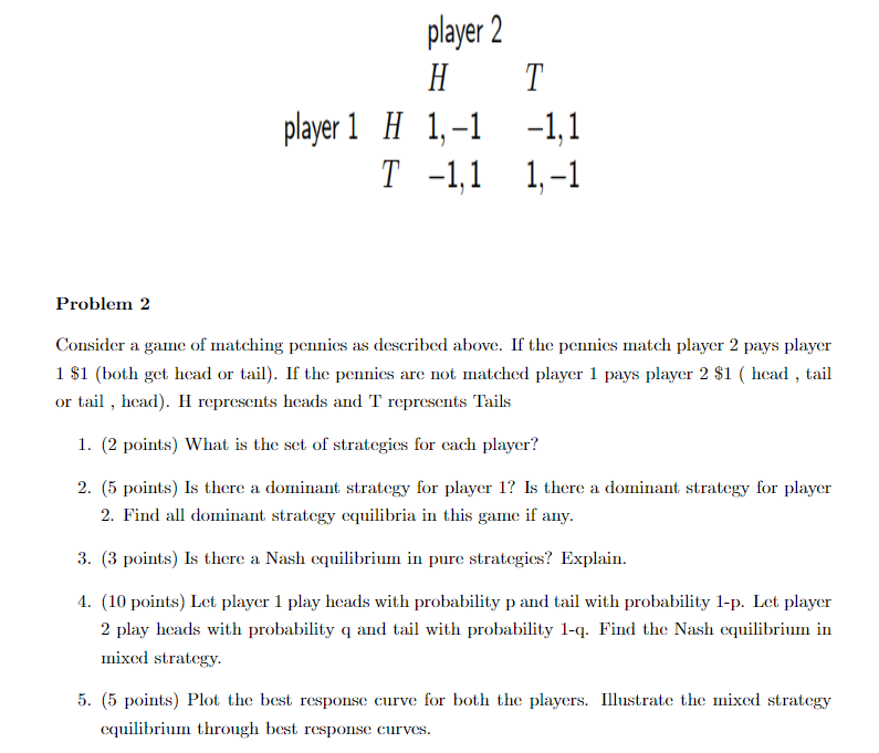 Solved player 2 H T player 1 H 1,-1 -1,1 T -1,1 1,-1 Problem | Chegg.com