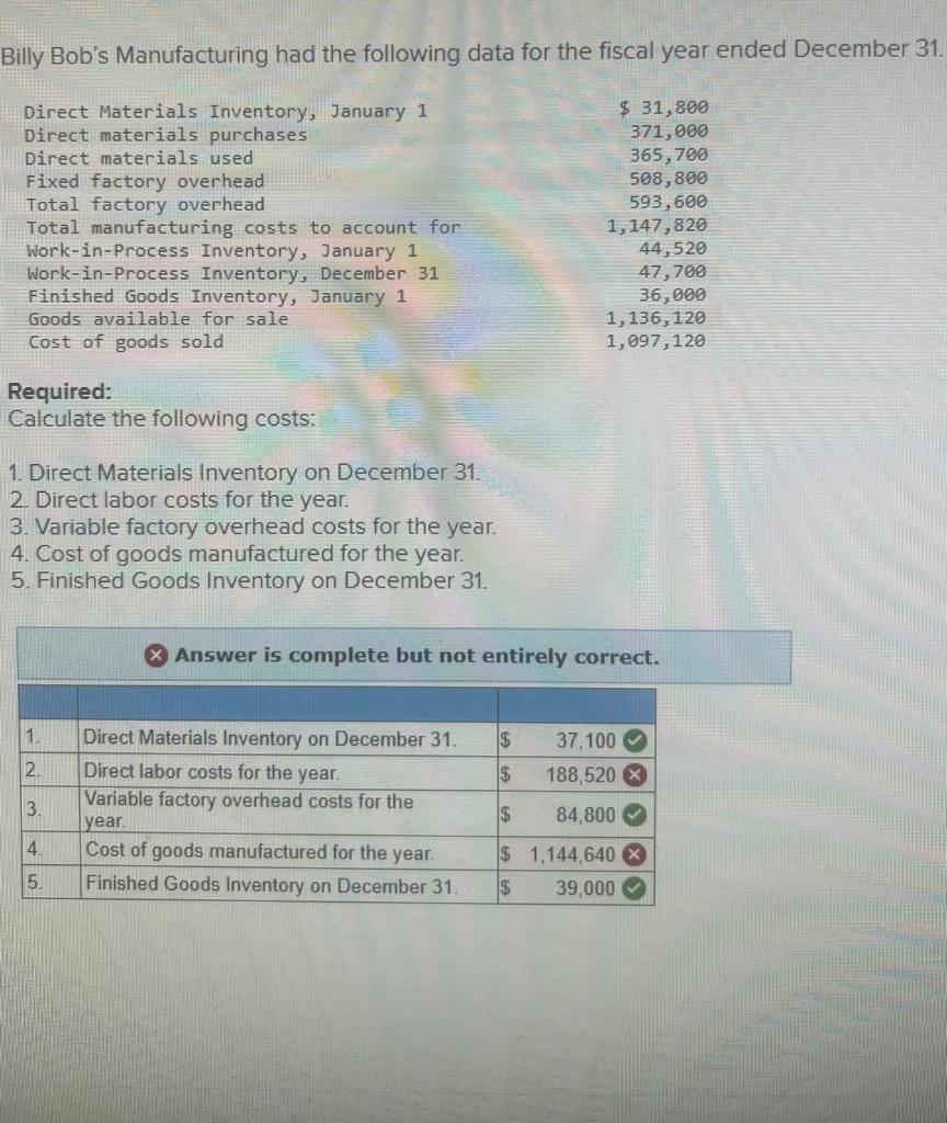 Solved Billy Bob s Manufacturing Had The Following Data For Chegg