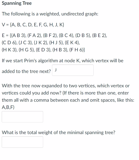 Solved Spanning Tree The Following Is A Weighted Undirec Chegg Com