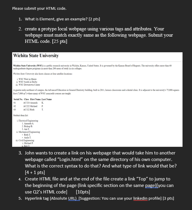 Solved Please submit your HTML code. 1. What is Element, | Chegg.com