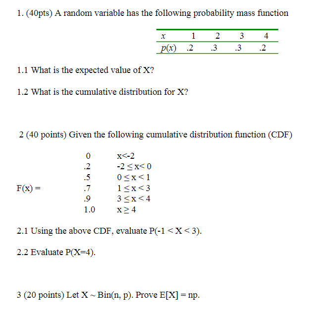 Solved 1. (40pts) A random variable has the following | Chegg.com