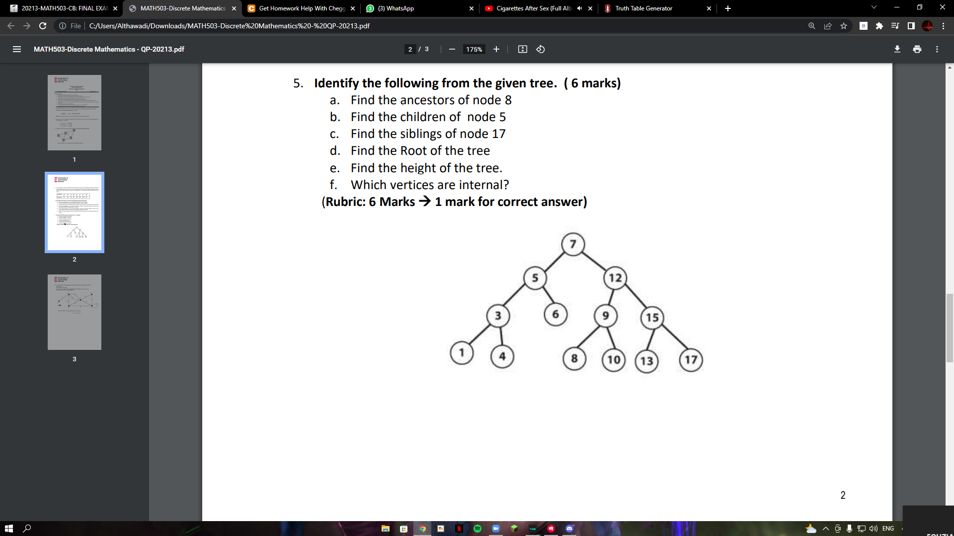 Solved 5. Identify the following from the given tree. ( 6 | Chegg.com
