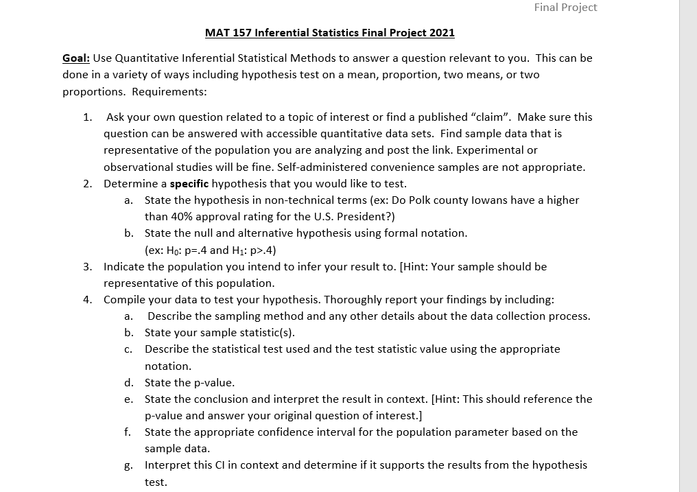 Solved Final Project MAT 157 Inferential Statistics Final | Chegg.com