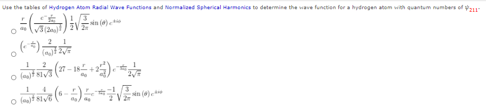 Solved Use the tables of Hydrogen Atom Radial Wave Functions | Chegg.com