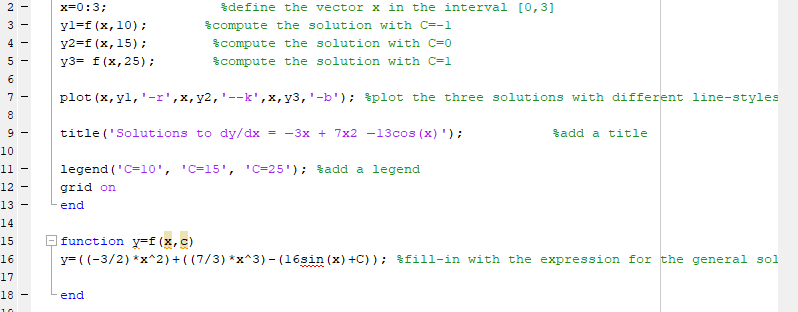 x 0:3 2 Sdefine the vector x in the interval [0,31 yl -f ( x, 10); 3 Scompute the solution with C-1 y2-f (x, 15) y3 f(x, 25)