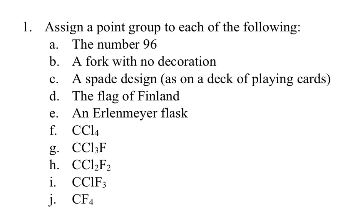 Solved 1. Assign a point group to each of the following: a. | Chegg.com