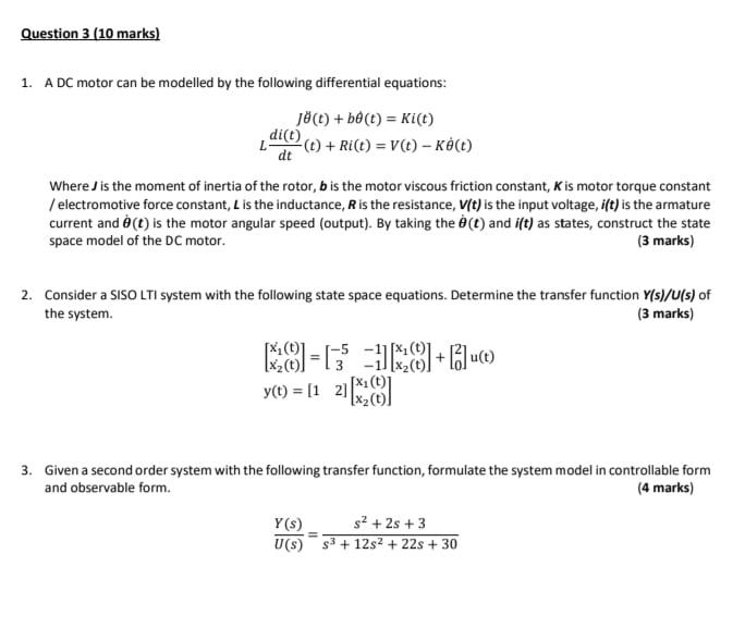 Solved Question 3 10 Marks 1 A Dc Motor Can Be Modelled Chegg Com