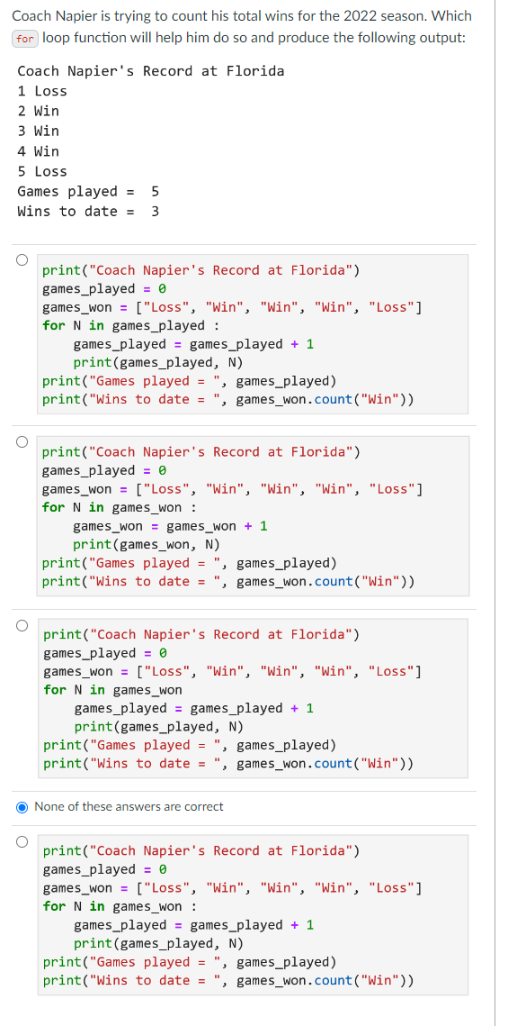 Solved Coach Napier is trying to count his total wins for | Chegg.com
