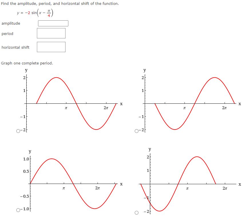 Solved Find the amplitude, period, and horizontal shift of | Chegg.com