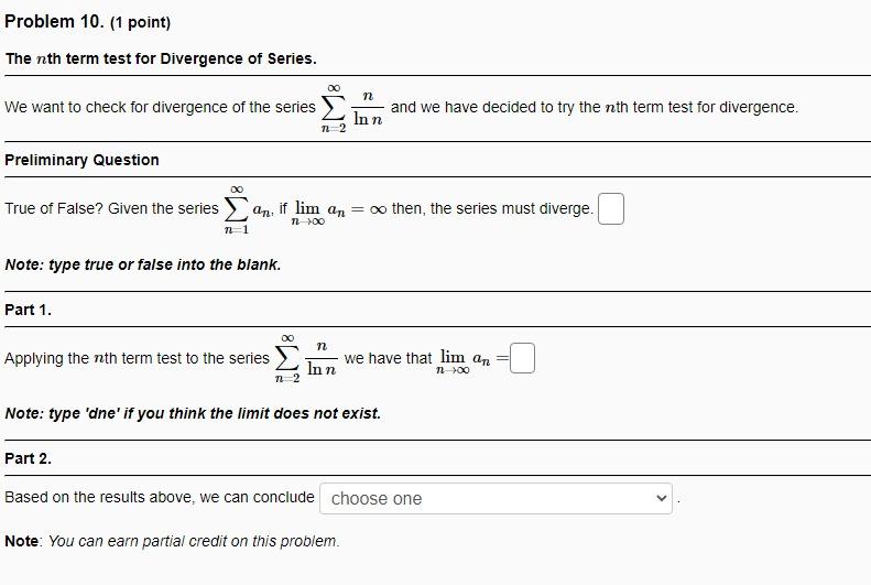 Solved Problem 10. (1 point) The nth term test for | Chegg.com