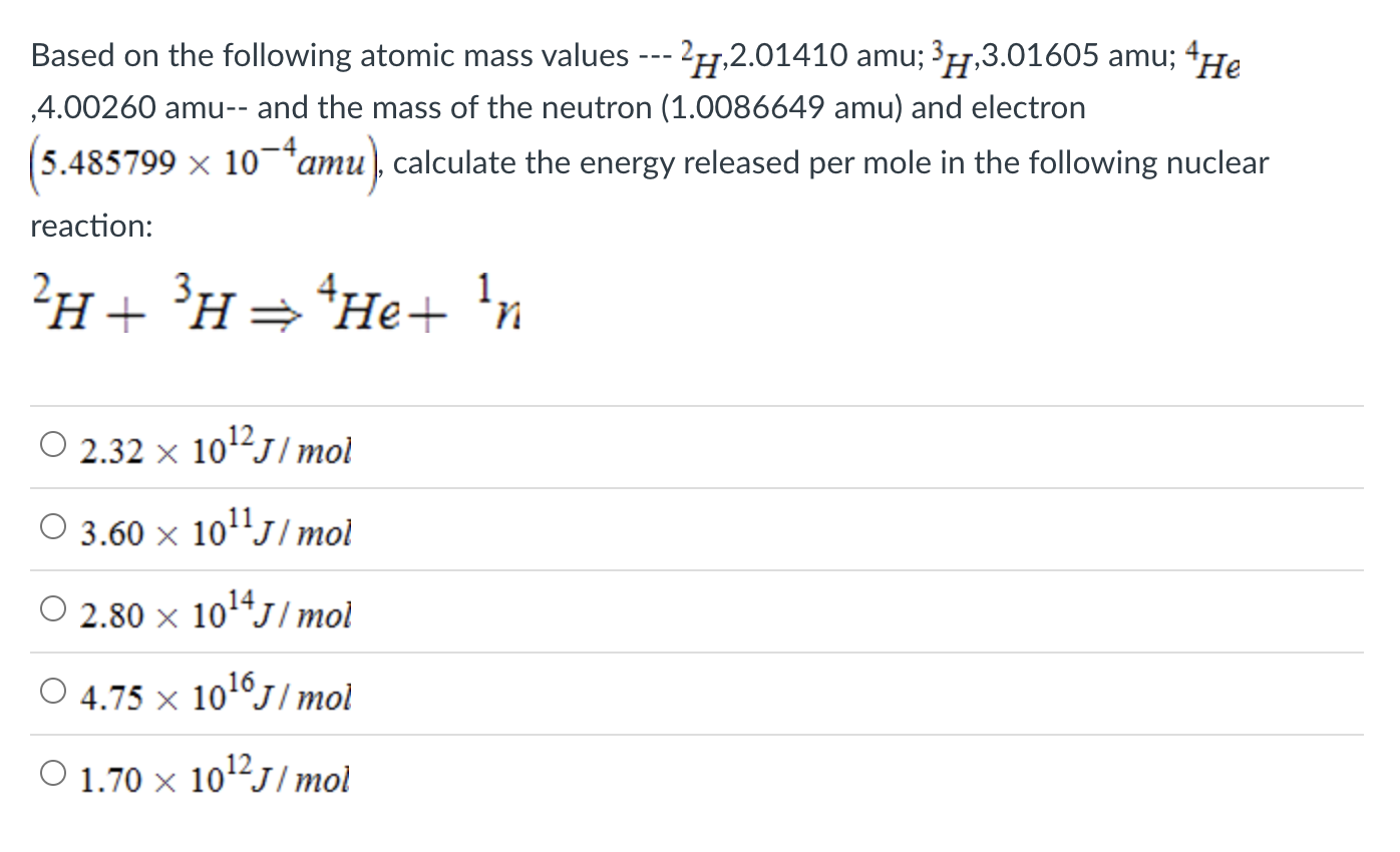 Solved Based on the following atomic mass values 2H,2.01410 | Chegg.com