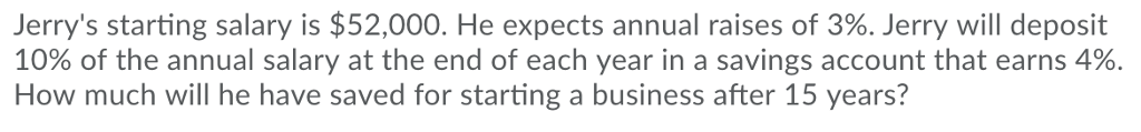 Solved Jerry's starting salary is $52,000. He expects annual | Chegg.com