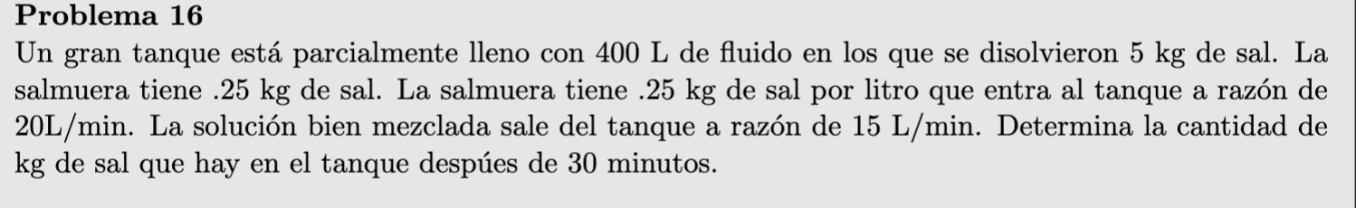 Un gran tanque está parcialmente lleno con \( 400 \mathrm{~L} \) de fluido en los que se disolvieron \( 5 \mathrm{~kg} \) de