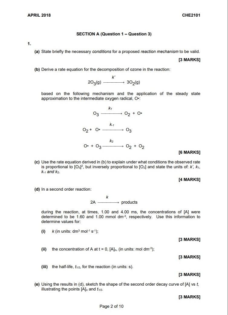 Solved APRIL 2018 CHE2101 SECTION A (Question 1 - Question | Chegg.com