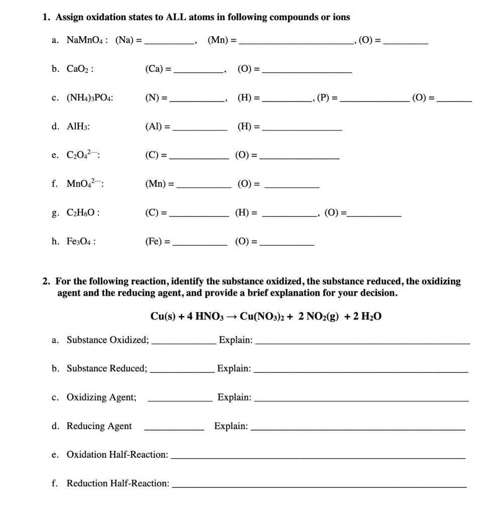 Solved 1. Assign Oxidation States To All Atoms In Following 