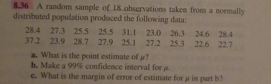 Solved 8.36 A random sample of 18 observations taken from a | Chegg.com