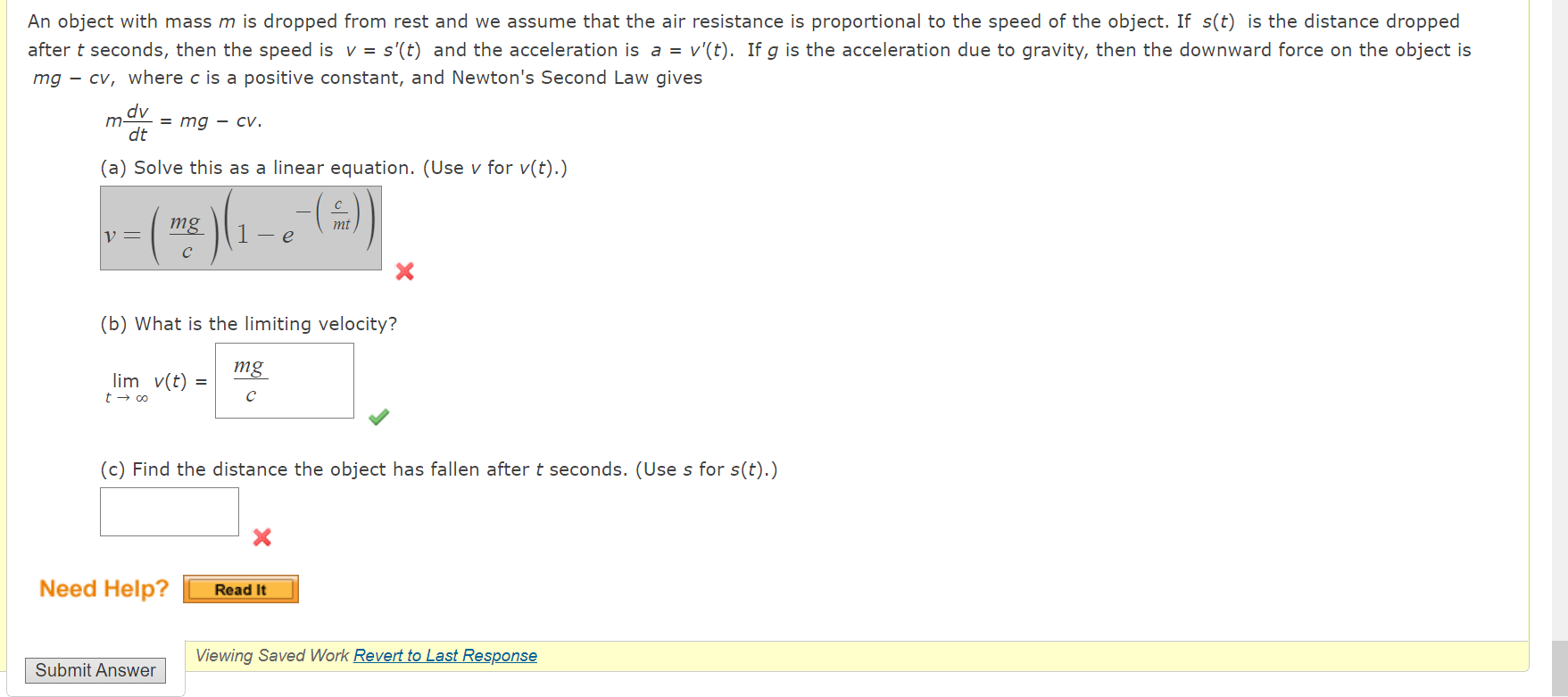 Solved An object with mass m is dropped from rest and we | Chegg.com