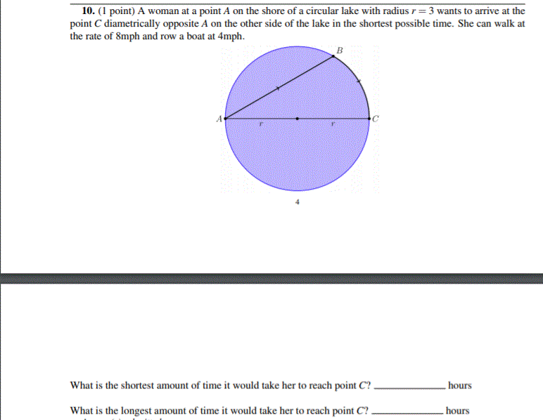 Solved 10. (1 point) A woman at a point A on the shore of a | Chegg.com