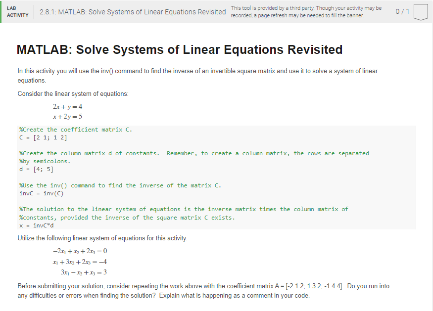 2.8.1: MATLAB: Solve Systems of Linear Equations | Chegg.com