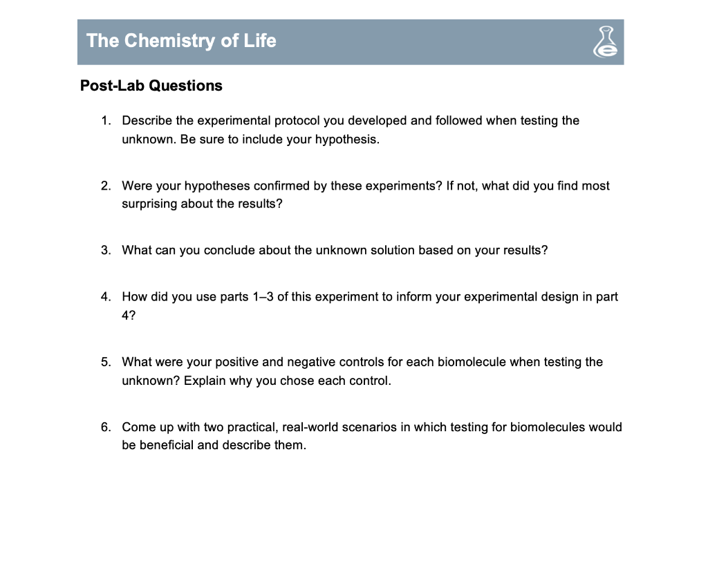 Solved The Chemistry of Life PRELAB QUESTIONS 1. What is
