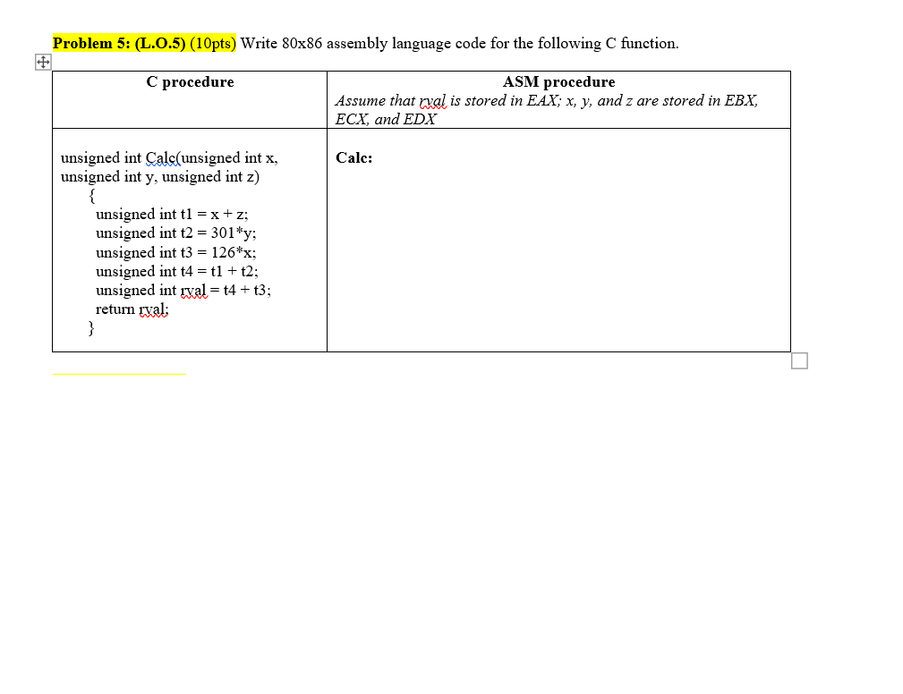 Solved Problem 5: (L.0.5) (10pts) Write 80x86 Assembly | Chegg.com