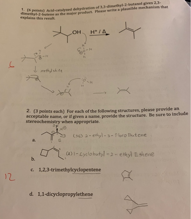 Solved 1. (6 points) )Acid-catalyzed dehydration of | Chegg.com