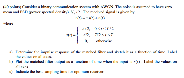 Solved (40 points) Consider a binary communication system | Chegg.com