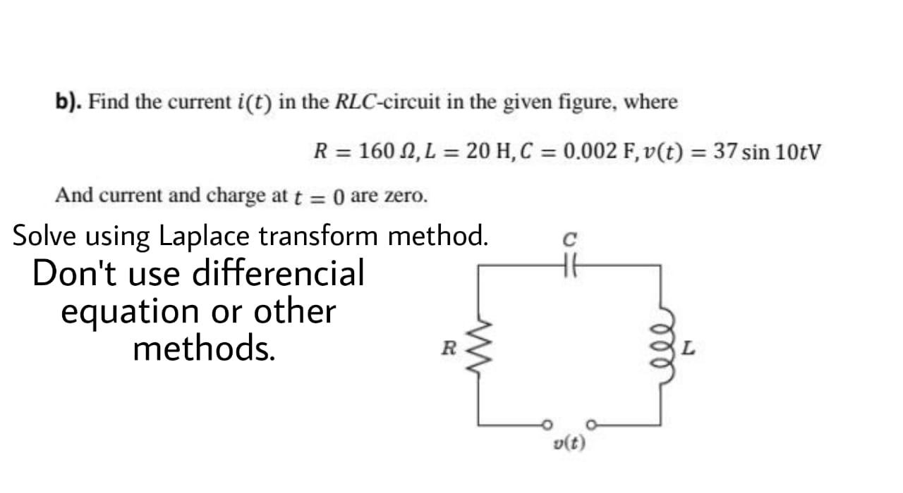 Solved b). Find the current i(t) in the RLC-circuit in the | Chegg.com