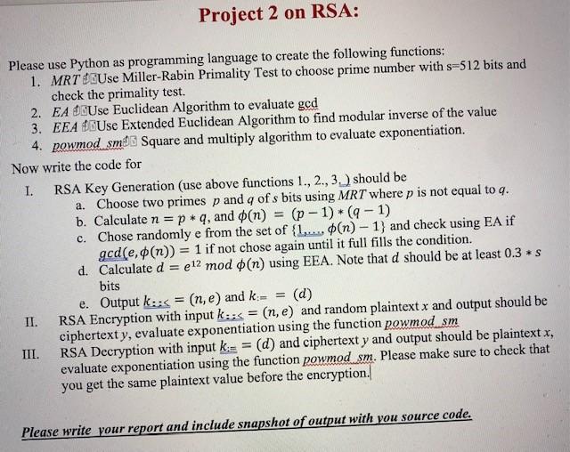 Solved Project 2 on RSA: Please use Python as programming | Chegg.com