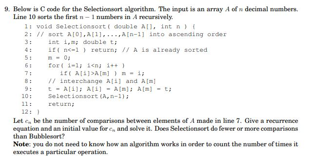 Solved 5: 6: 9. Below is C code for the Selectionsort | Chegg.com