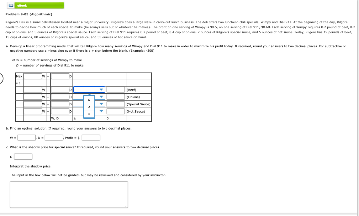 Solved eBook Problem 9-05 (Algorithmic) Kilgore's Deli is a | Chegg.com