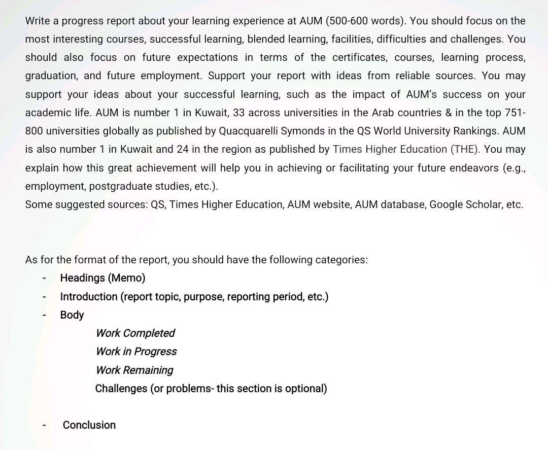 Write a progress report about your learning  Chegg.com