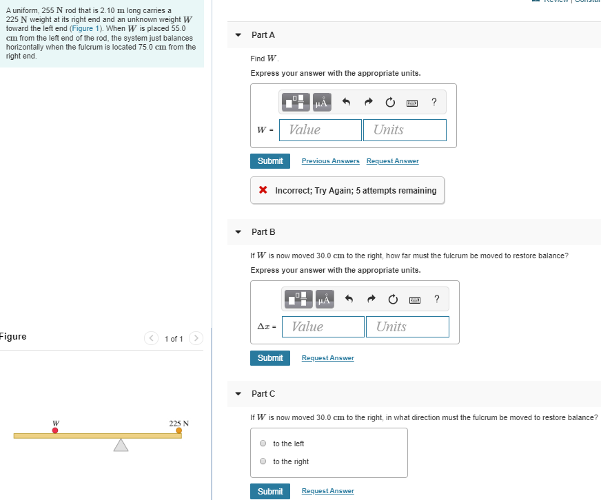 Solved A uniform, 255 N rod that is 2.10 m long carries a