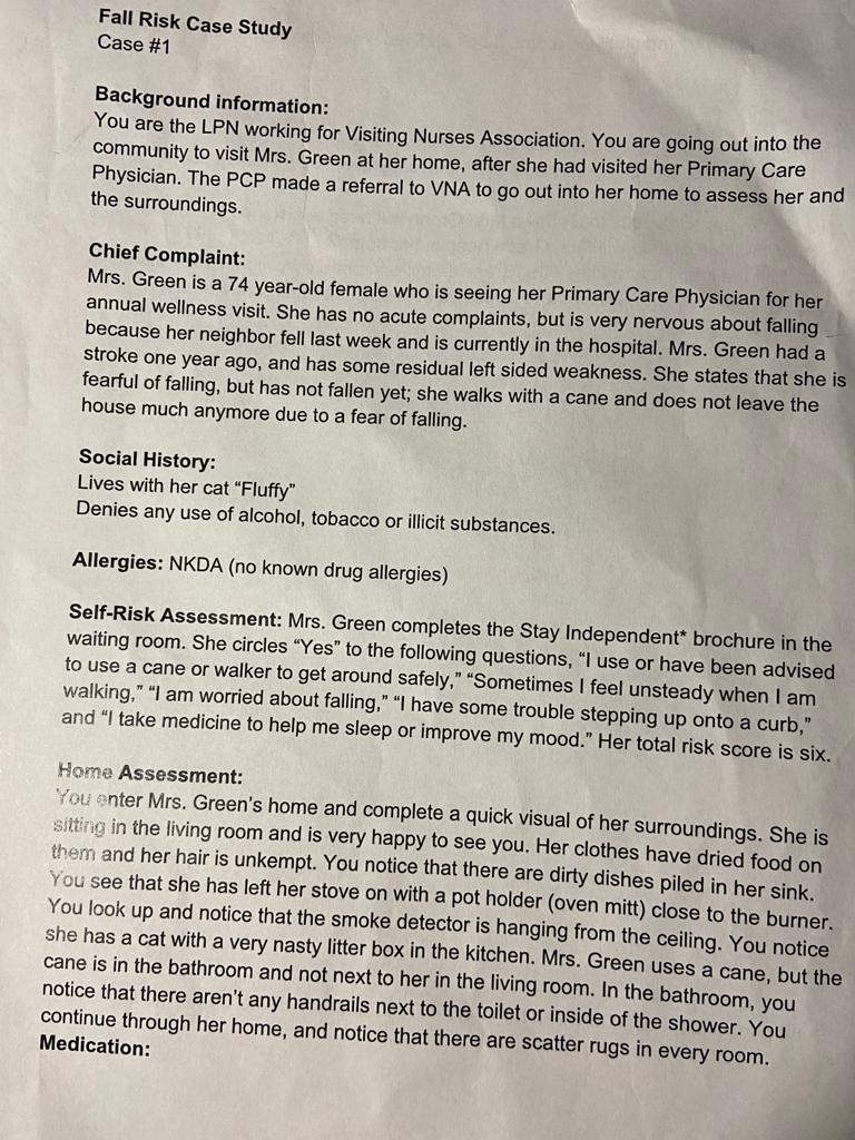 Solved Fall Risk Case Study Case #1 Background information: | Chegg.com