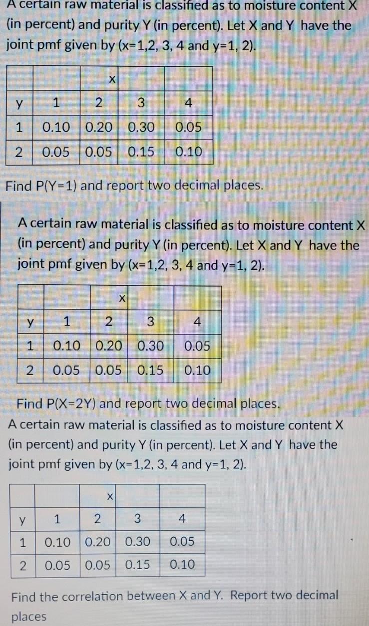 Solved A certain raw material is classified as to moisture