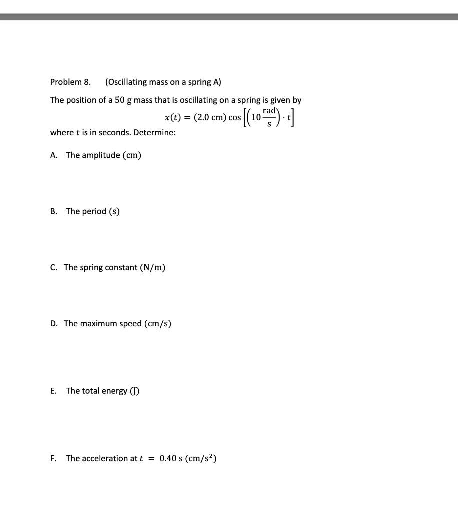 Solved Problem 8. (Oscillating mass on a spring A) The | Chegg.com