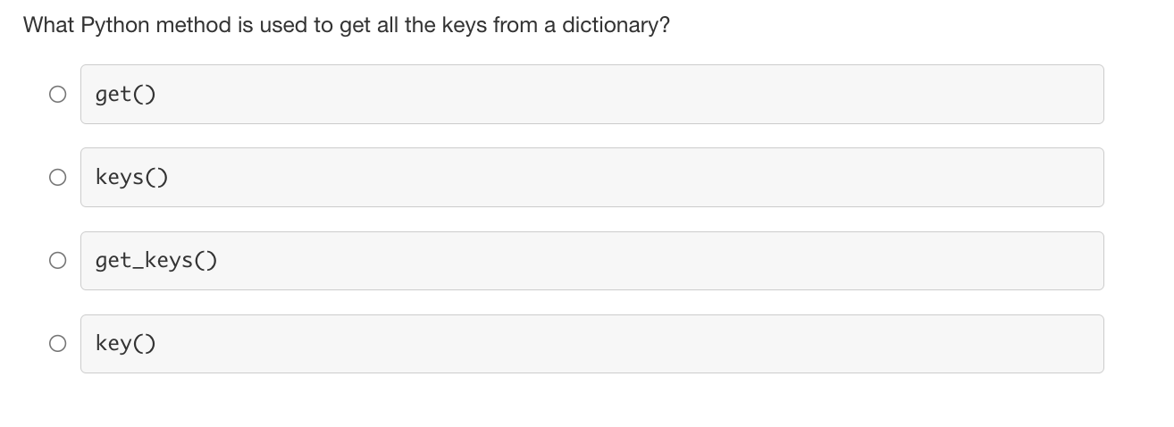 Solved What Python method is used to get all the keys from a | Chegg.com