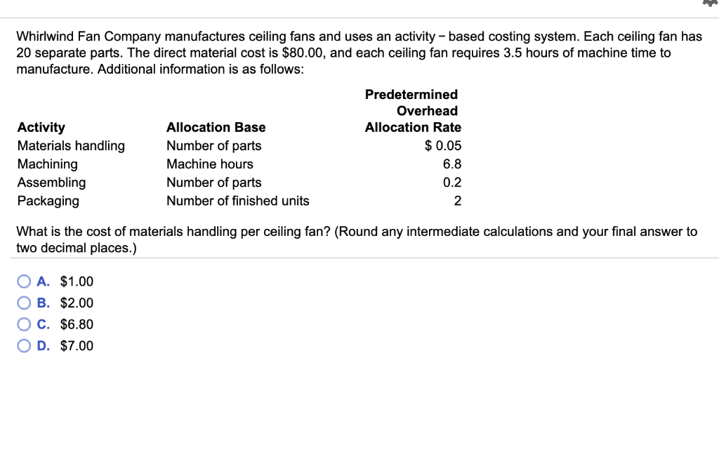 Solved Whirlwind Fan Company Manufactures Ceiling Fans An