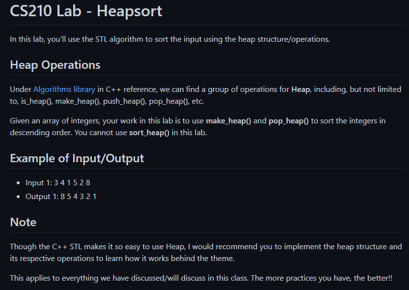 Solved CS210 Lab - Heapsort In This Lab, You'll Use The STL | Chegg.com