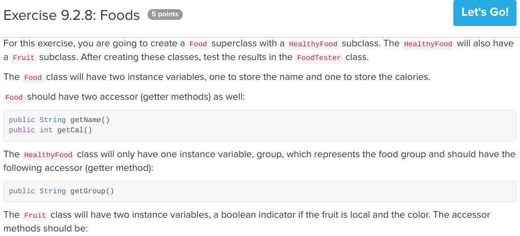 Solved Exercise 9.2.8: Foods 5 points Let's Go! For this | Chegg.com