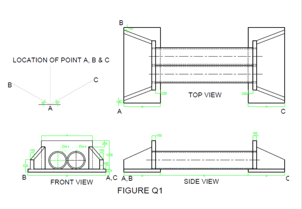 Solved B LOCATION OF POINT A, B & C B 1200 TOP VIEW 200 А А. | Chegg.com