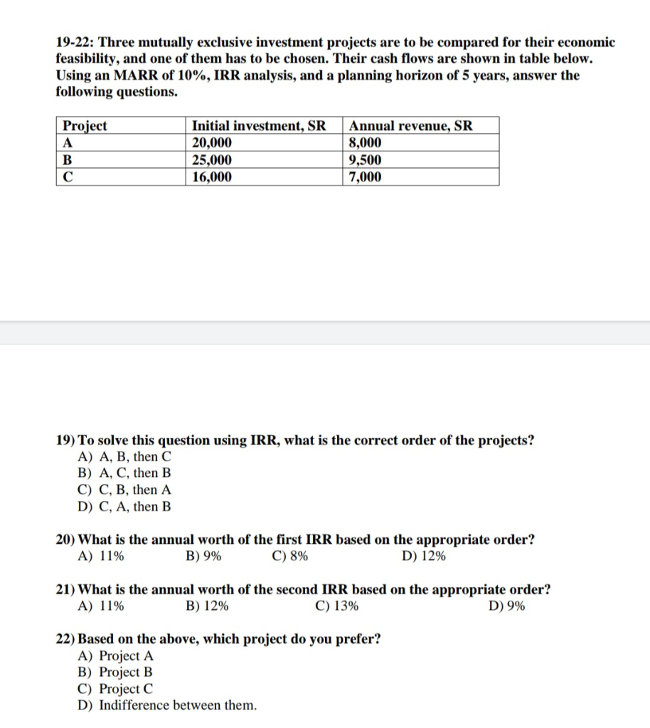 Solved 1922 Three mutually exclusive investment projects