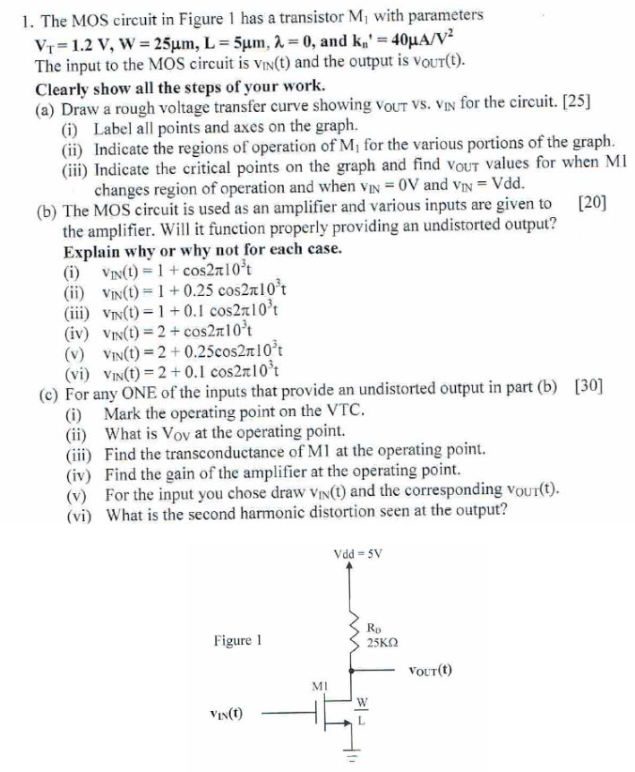 Solved 1. The MOS circuit in Figure 1 has a transistor M | Chegg.com