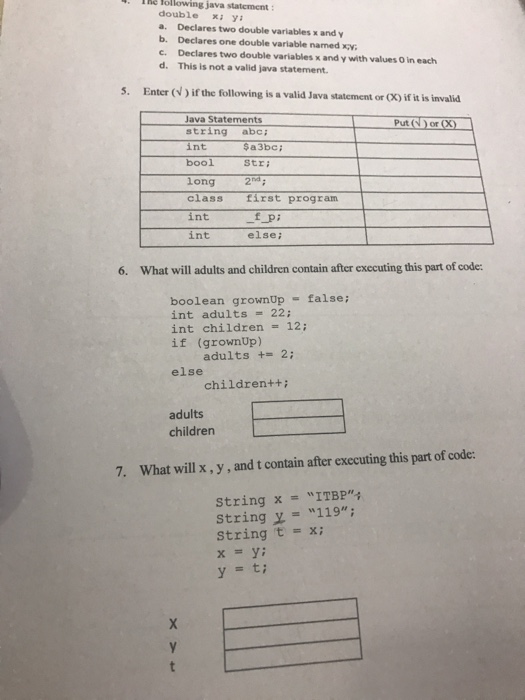 Solved The following java statement: double x; y; a. | Chegg.com