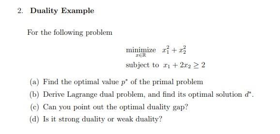 Solved 2. Duality Example TER For The Following Problem | Chegg.com